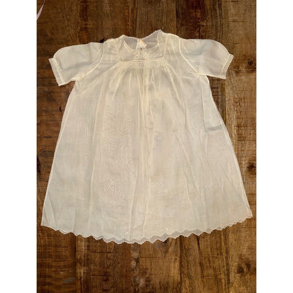 Vintage Handmade White Cotton Smocked Christening Gown Floral Embroidery Infant
